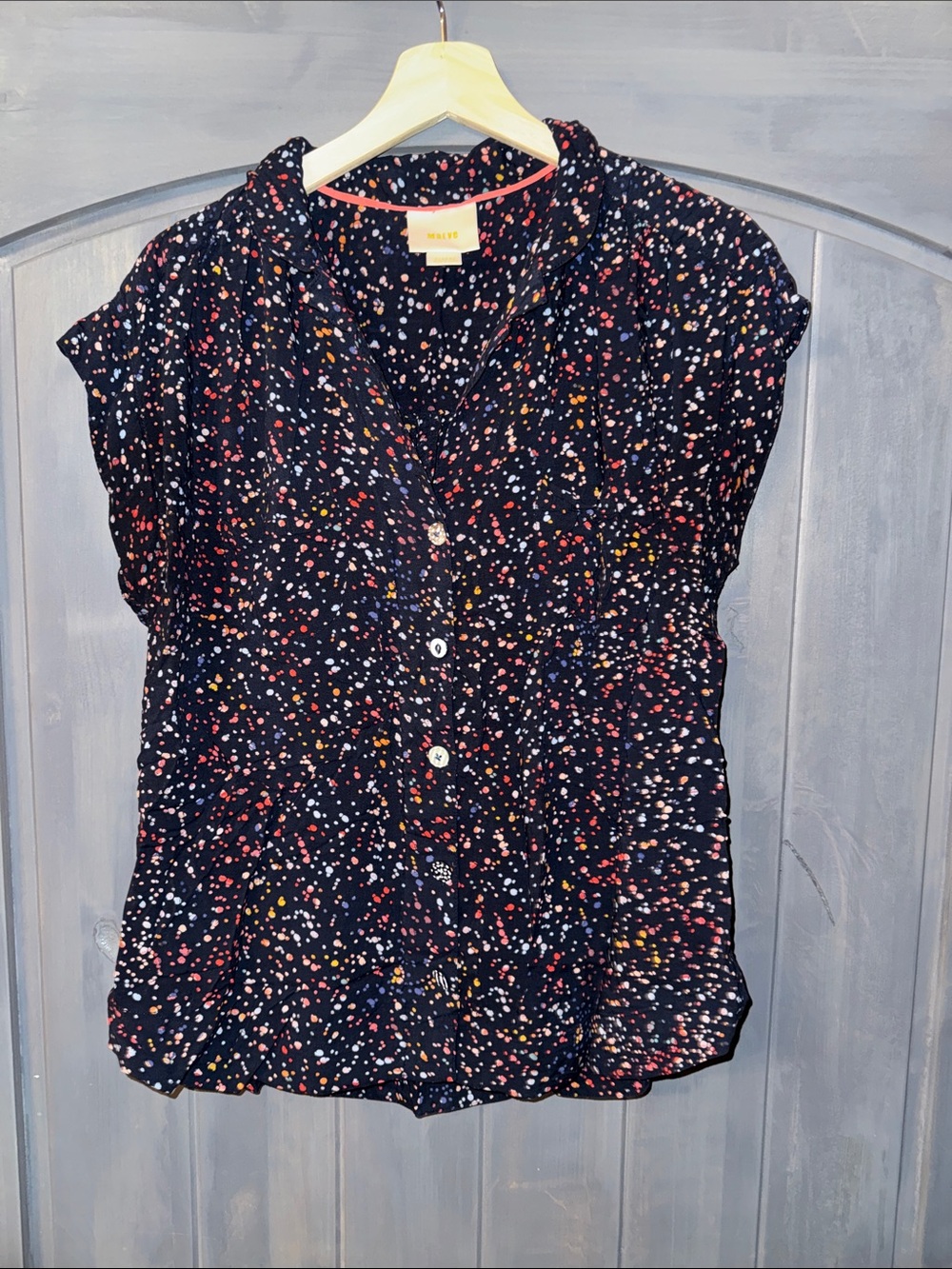 Maeve Navy Short-Sleeve Button-Front Blouse with Pink, White & Gold Dot Print
